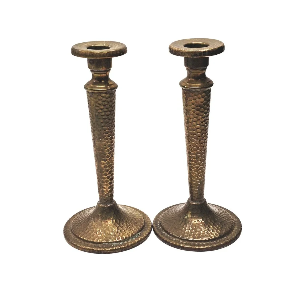 Vintage Hammered Brass Candlesticks Set of 2 Taper Candle Holders Gold Tone 7in